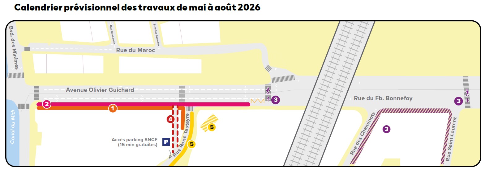 Plan et calendrier prévisionnel des travaux de mai à août sur le secteur Bonnefoy Guichard